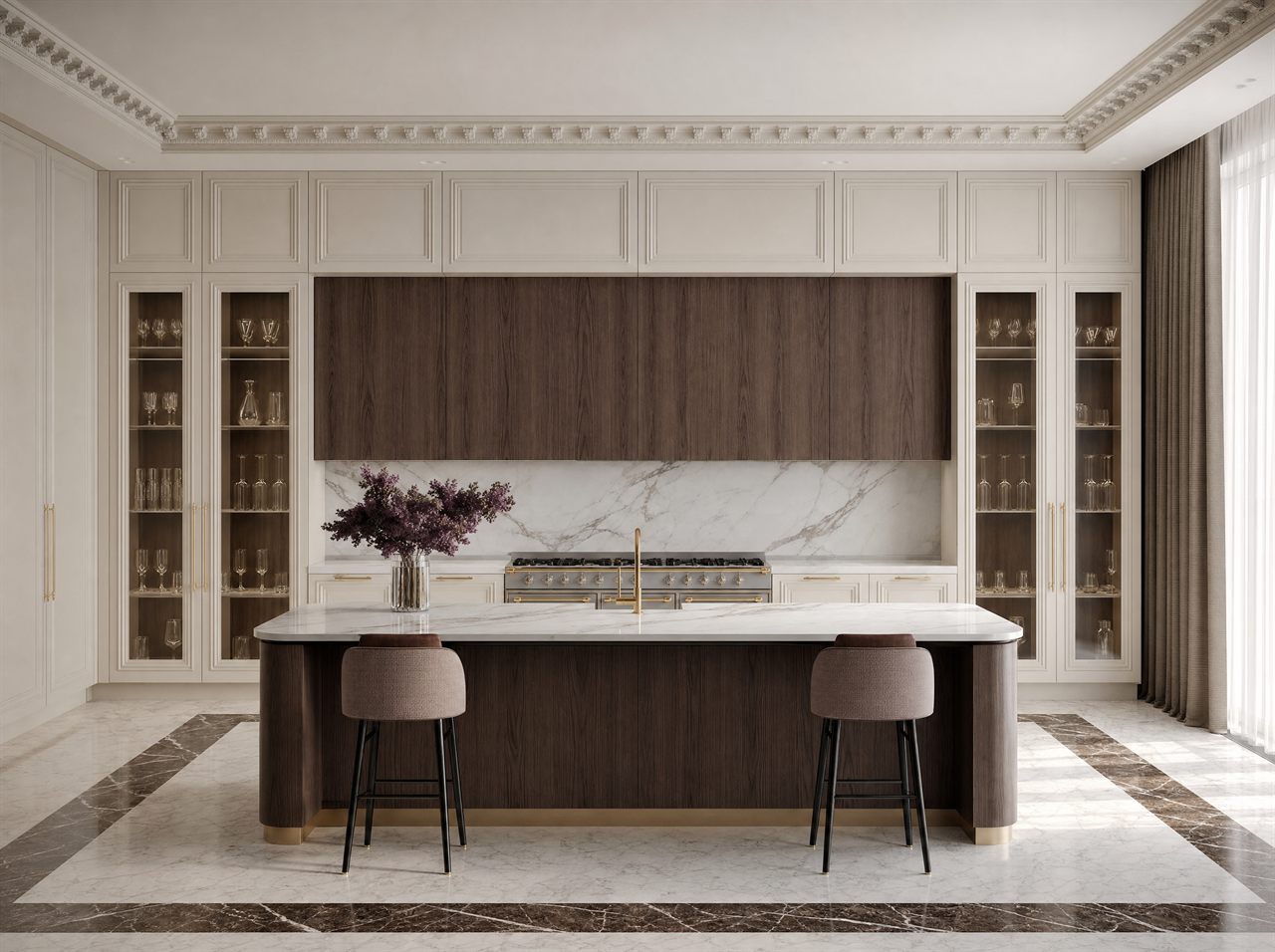 Classic kitchen with a centred walnut island, marble and a freestanding range cooker
