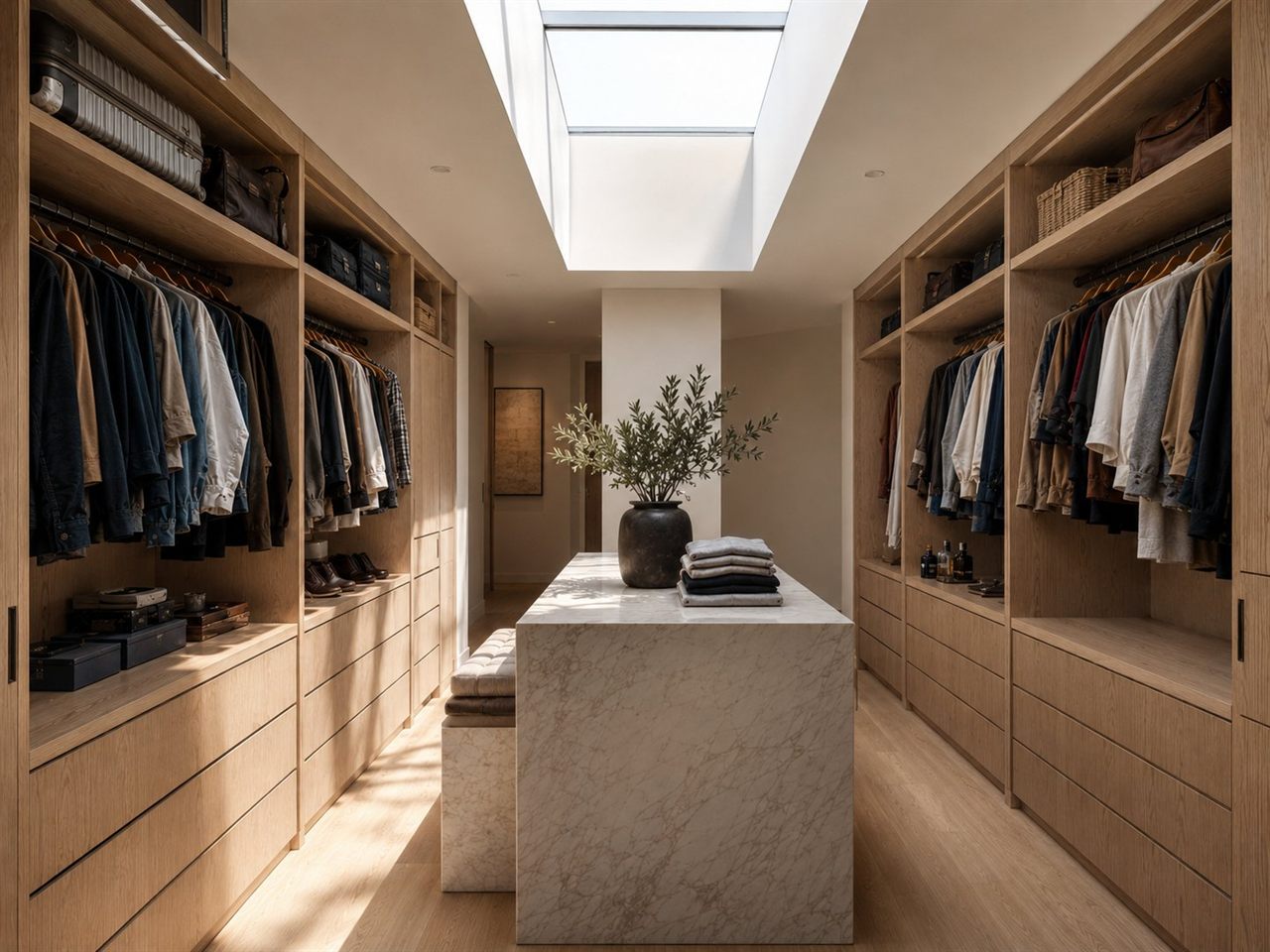 The Dressing Room walk-in wardrobe with marble island beneath a skylight
