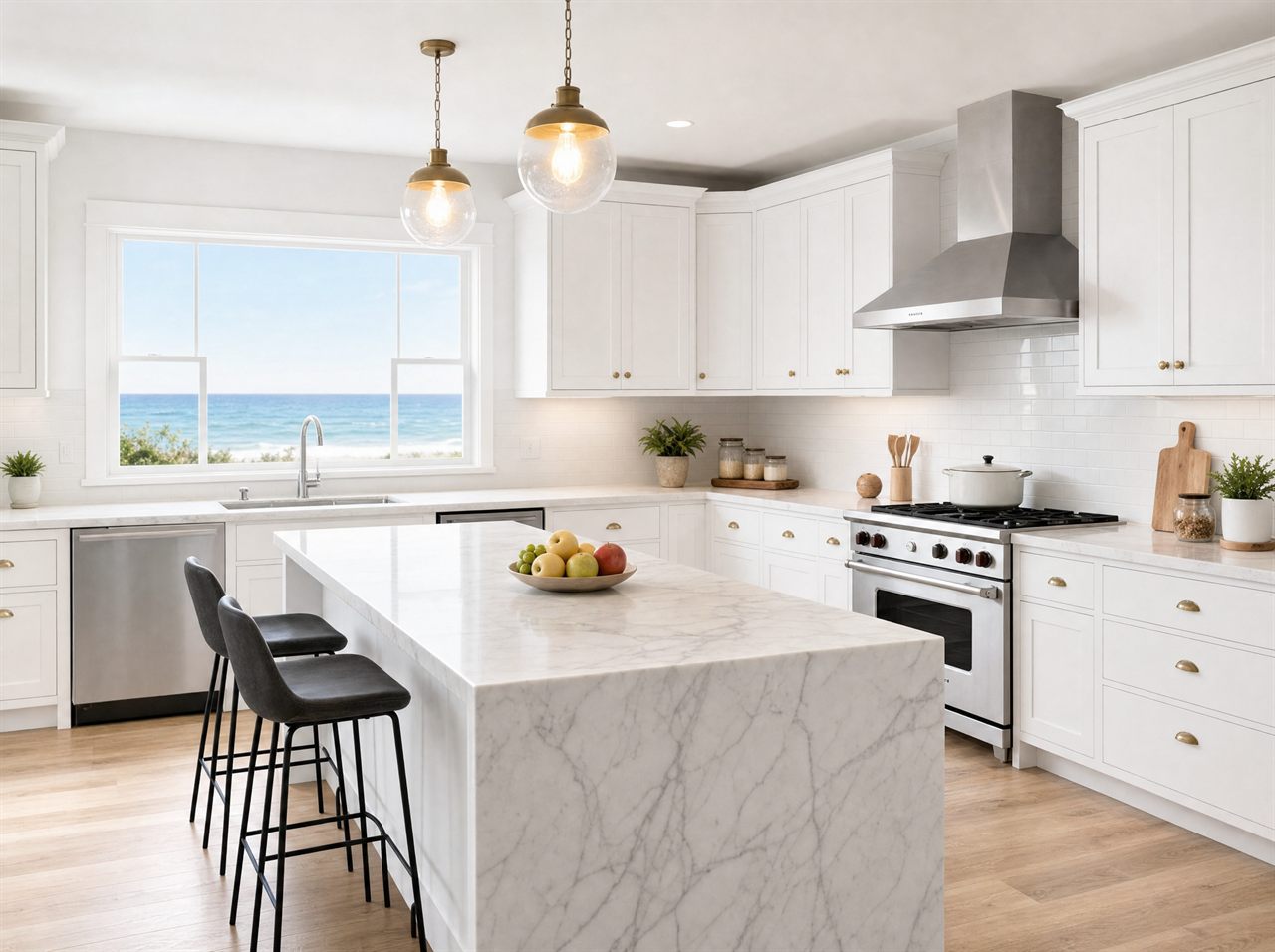 Wide view of the Hamptons kitchen showing the island, range and window