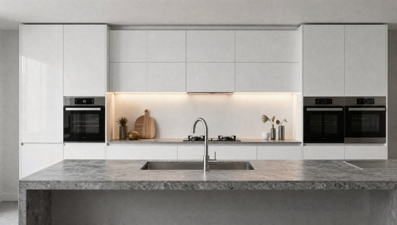 Milanese kitchen island with integrated sink and tap