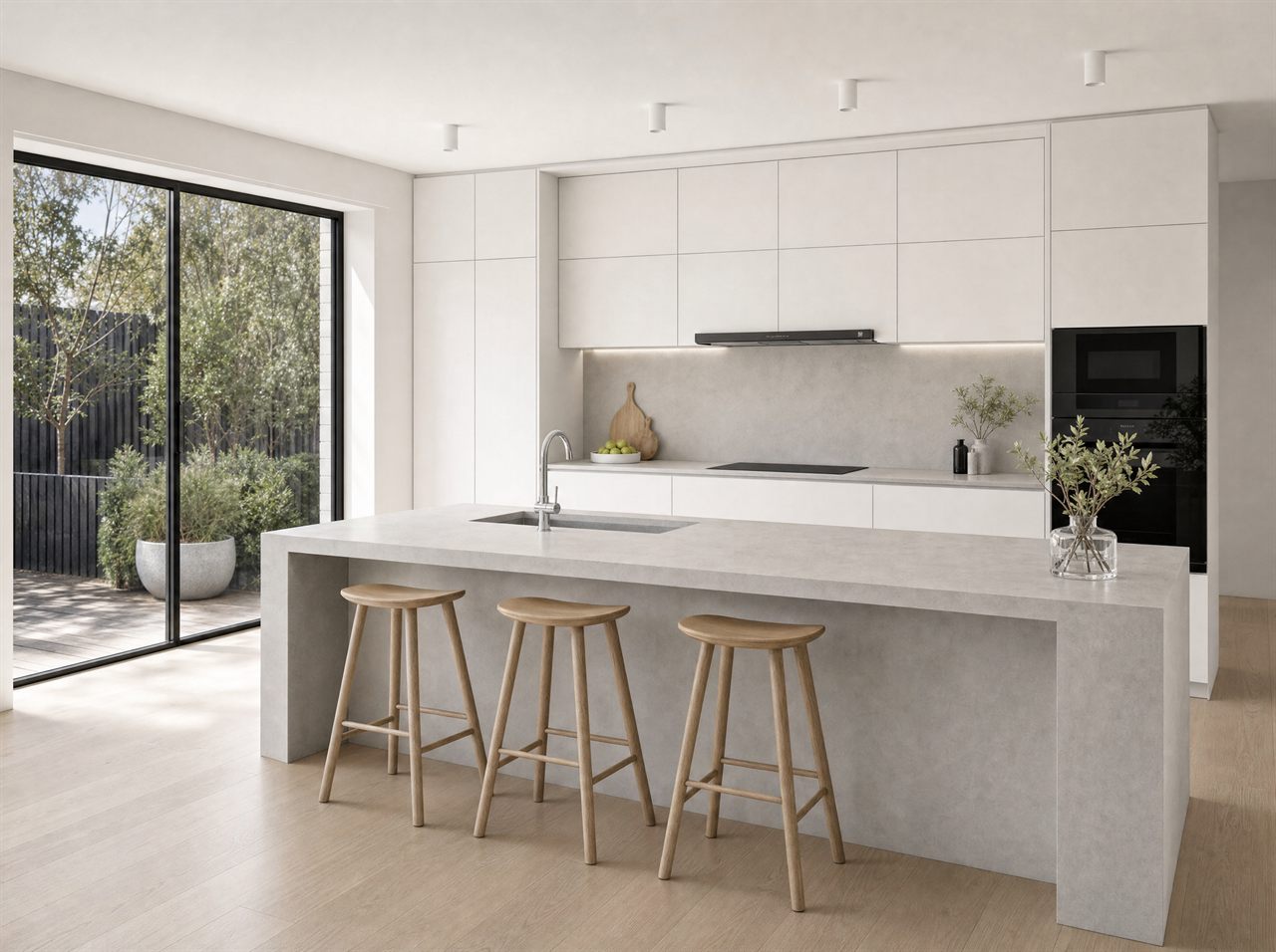 Minimalist kitchen with the island sink in front and the cooktop and rangehood beyond