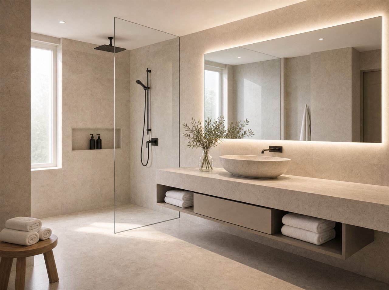 Serene travertine ensuite with a floating stone vanity and walk-in shower