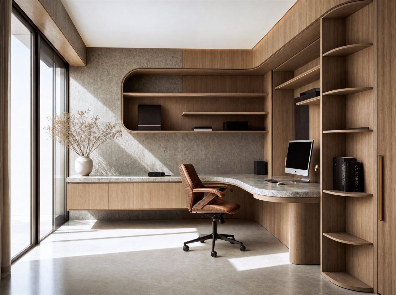 Wide view of the study showing the full built-in oak wall and concrete feature wall