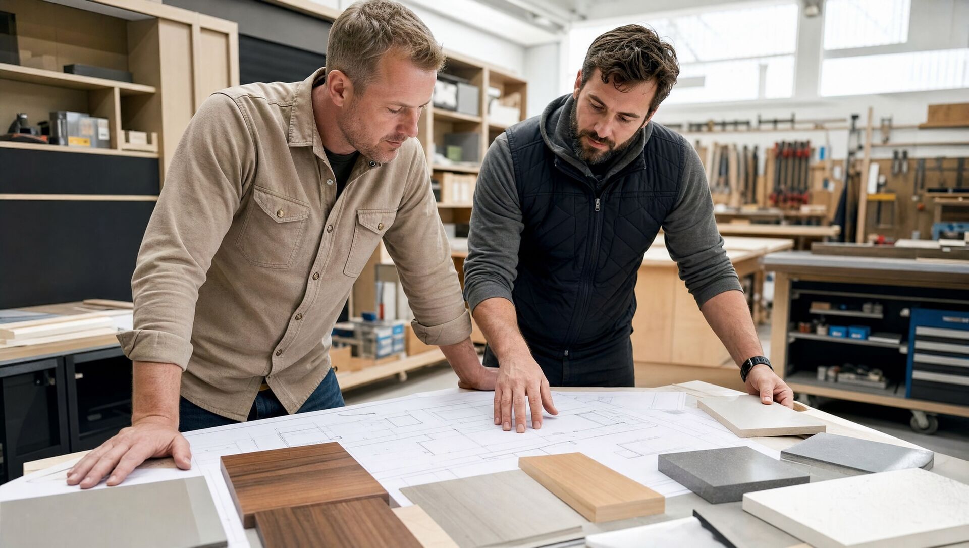 Builder and joiner reviewing plans together