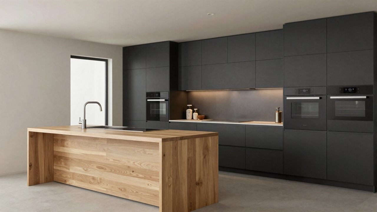 Zenith Penthouse kitchen with a solid oak waterfall island and charcoal cabinetry